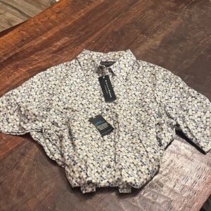 Men’s XL Charter Club White Button-Up Shirt with Blue Leaf Motif